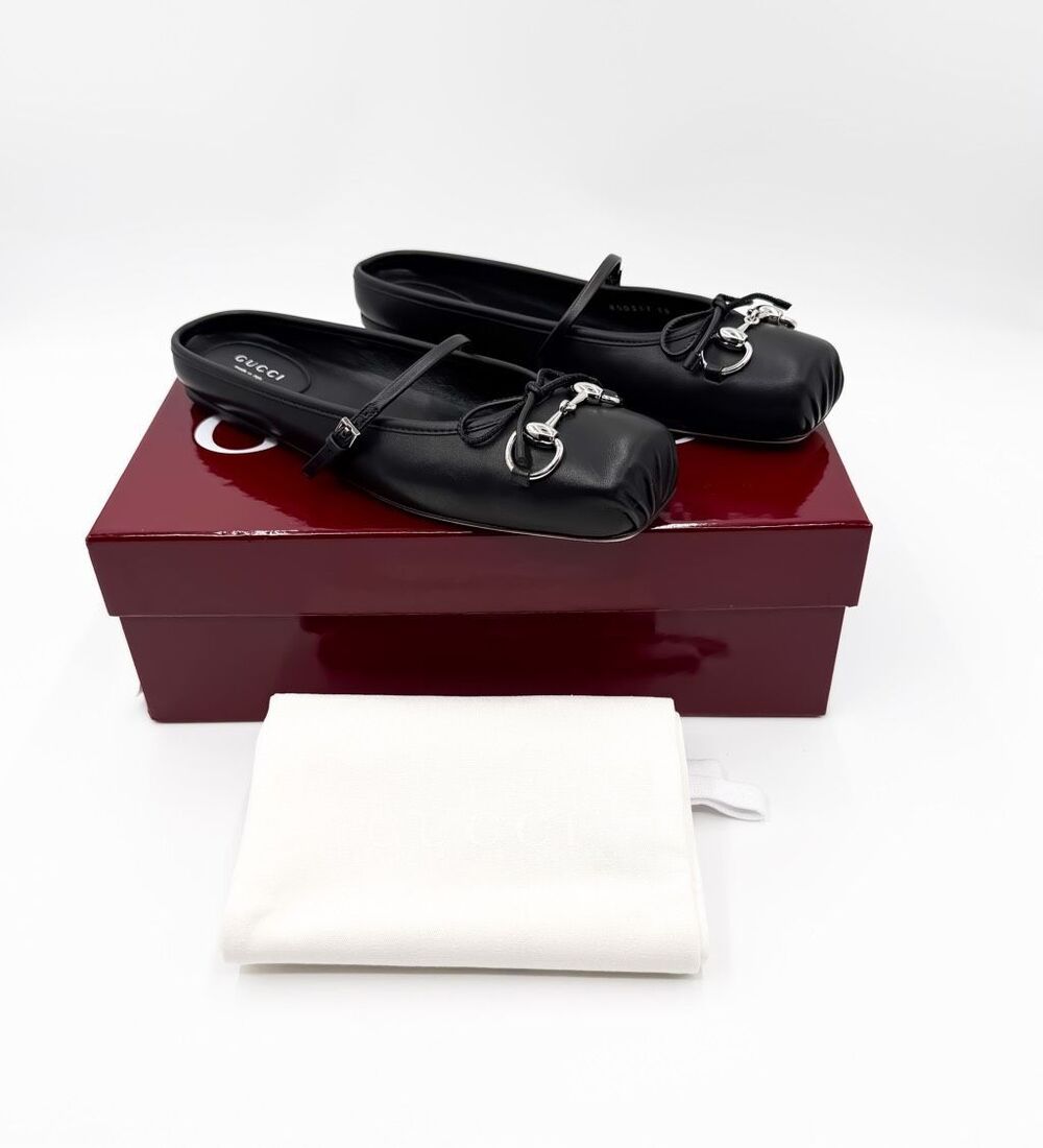 Gucci Horsebit Ballet Flats Black Leather Mules EU 38 US 8